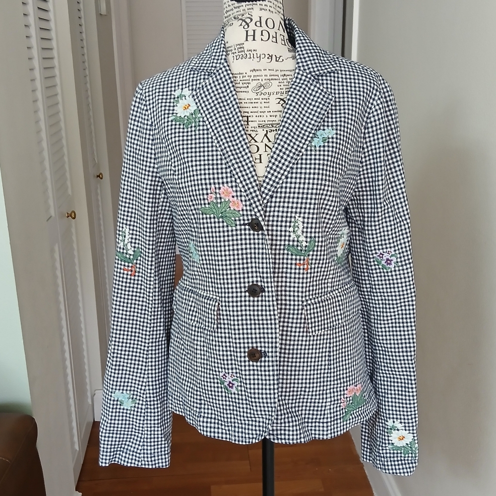 Sundance Womens Tansy‎ Gingham Floral Embroidered Linen Blend Blazer